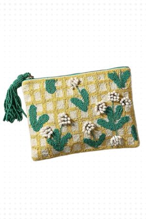 The Zayana Large Beaded Wallet- Yellow Lattice Floral